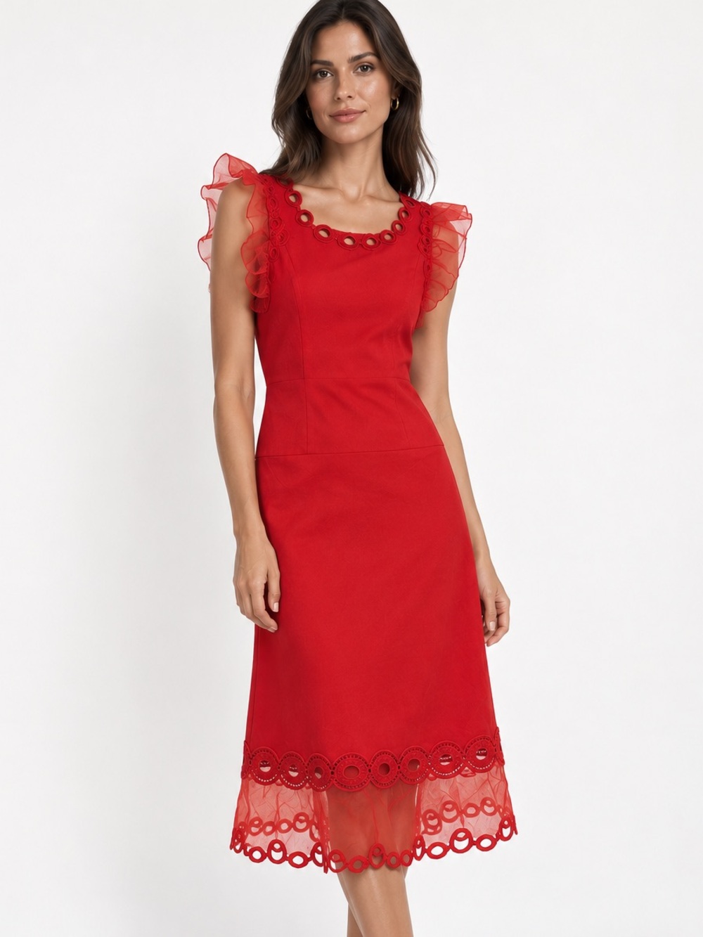 Elie Tahari Red Ruffled Sleeve Midi Dress